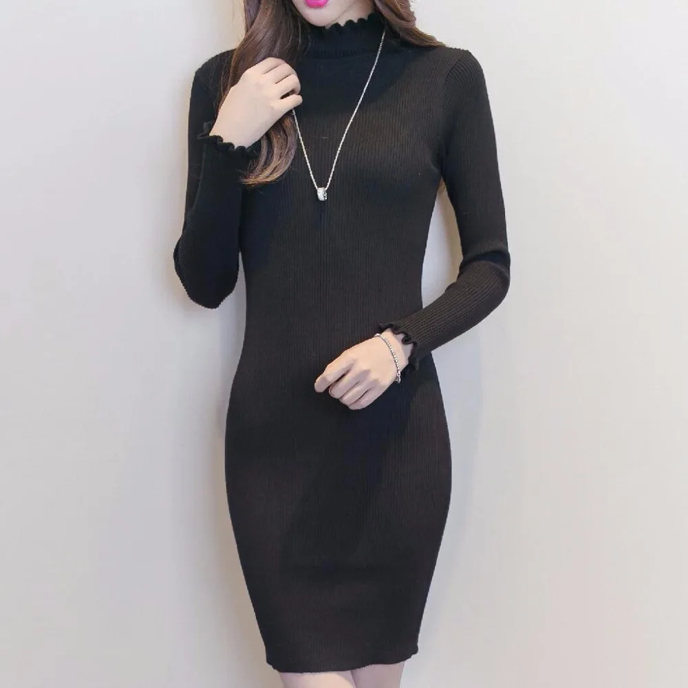 Женское трикотажное платье свитер с оборками на воротнике|knitted dress|sweater dressdress fashion