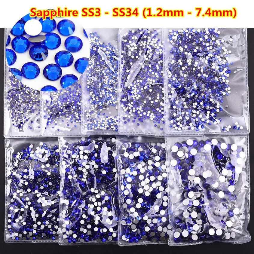 

1440pcs ss3-ss34 All Sizes Sapphire Strass Nail Rhinestones Non HotFix Stones Flatback Glass Glitter For Decoration 3D Nails Art
