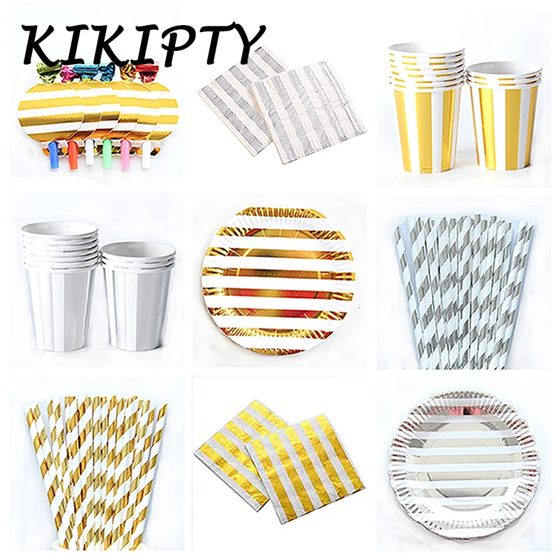 Бумажная чашка/тарелка/салфетка в золотистую и серебристую полоску соломинки