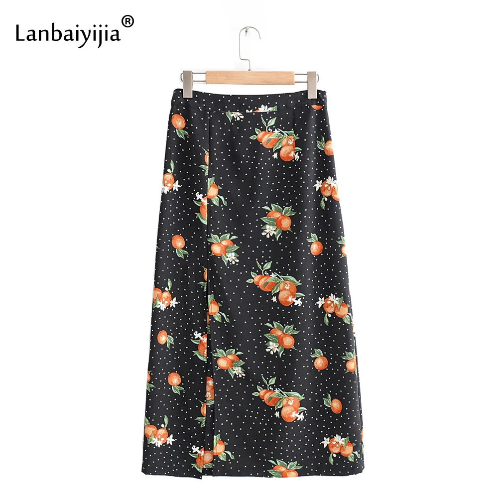 Женская юбка в горошек с фруктовым принтом завышенной талией|Женские юбки| |