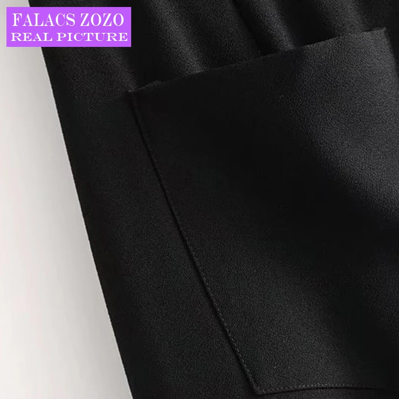Falacs Zozo Summer Autumn Vintage Office Lady Formal Fashion Minimalist Zipper Fly Pockets Wide Leg Pants Black Women Capris | Женская