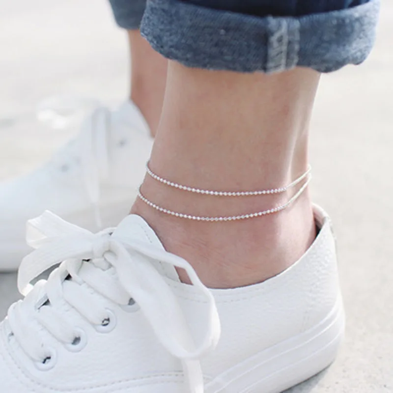 BESTLYBUY 100% Real 925 Sterling Silver Bouble Beads Chain Anklet for Women Girls Leg bracelet cheville enkelbandje halhal | Украшения и