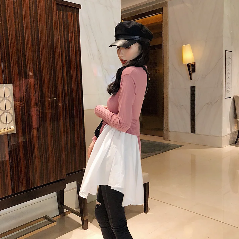 2019 Новое корейское шикарное платье-свитер черно-белое лоскутное вязаное платье с