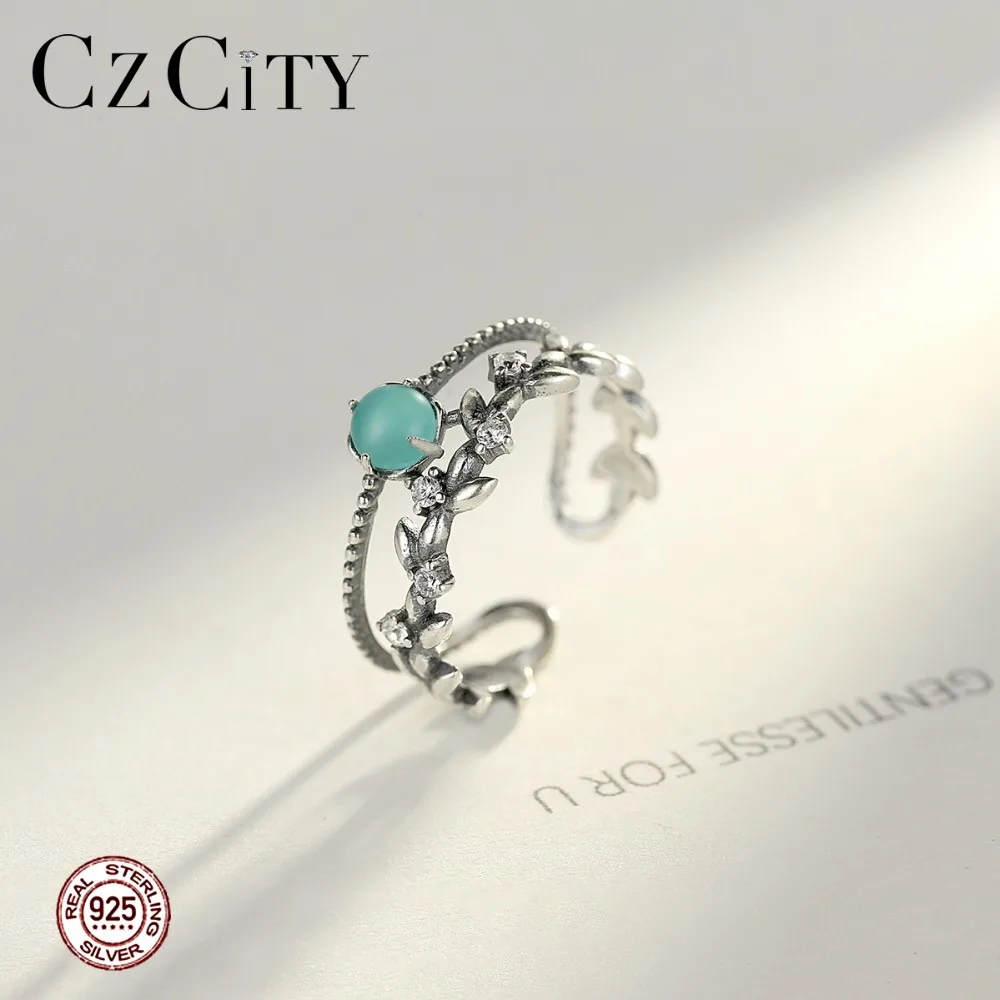CZCITY креативное Двухслойное кольцо из стерлингового серебра 925 пробы для женщин, винтажное регулируемое Открытое кольцо, ювелирные изделия из серебра