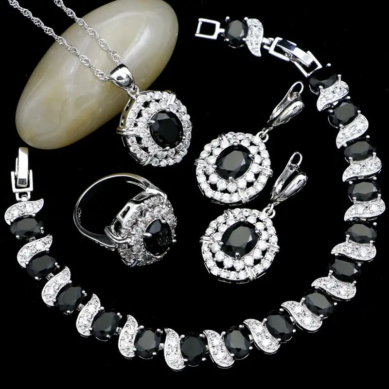 Round 925 Sterling Silver Jewelry Sets For Women Black Cubic Zirconia White Crystal Earrings/Pendant/Necklace/Ring/Bracelet | Украшения и