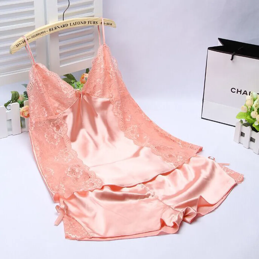 

Pijama Mujer Sexy Fashion Style Sleepwear Satin Lace Pijamas Verano Mujer Women Bow Pajamas Lingerie Nightwear Set Pigiami Donna