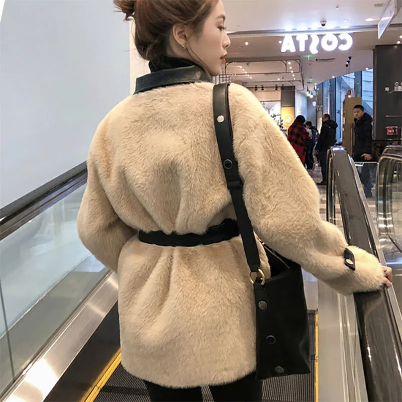 New Faux Mink Fur Parka 2019 Spring Women Office Coat Velvet Stitching Plush Pu Leather Jacket Slim Fit Belt Overcoat Best Pj347
