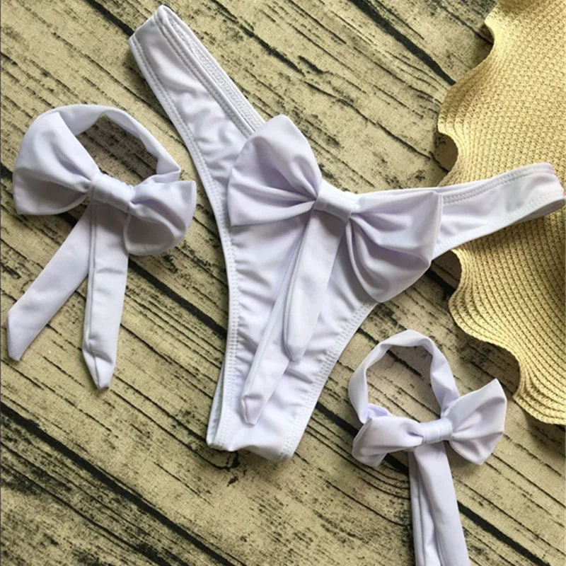 Janesmaque White Bikini Set Women Bandage Bow Sexy Bikinis Swimwear Swimsuit Bathing Swimming Suit Beachwear Brazilian |
