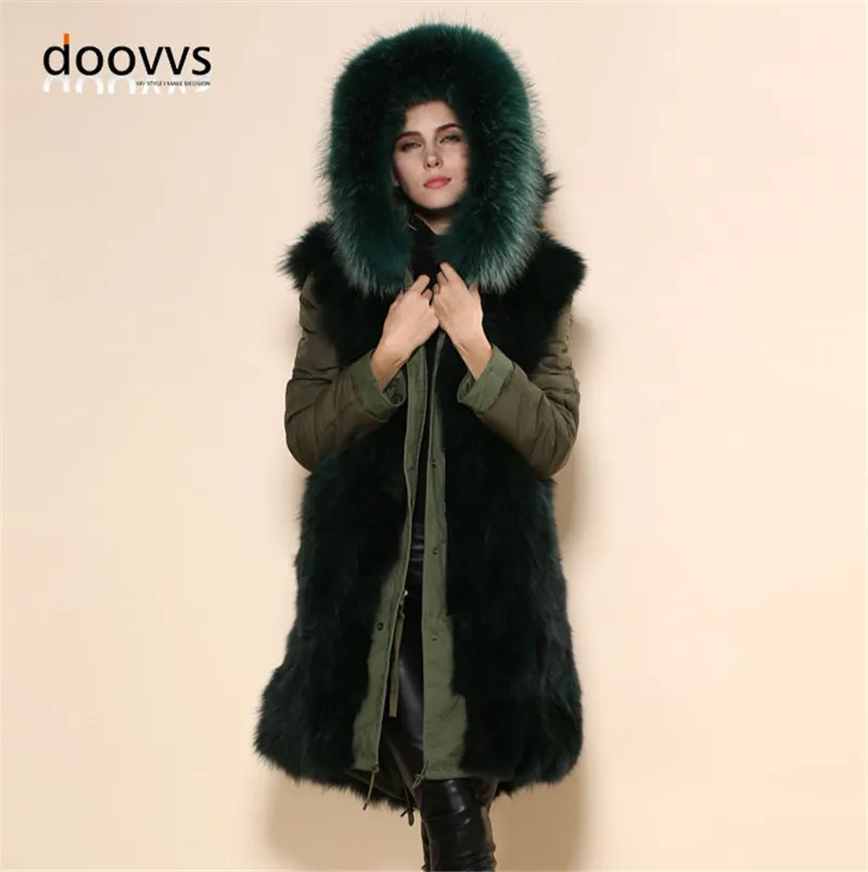 Оптовая продажа парка с лисьим мехом зимнее пальто длинным рукавом и капюшоном