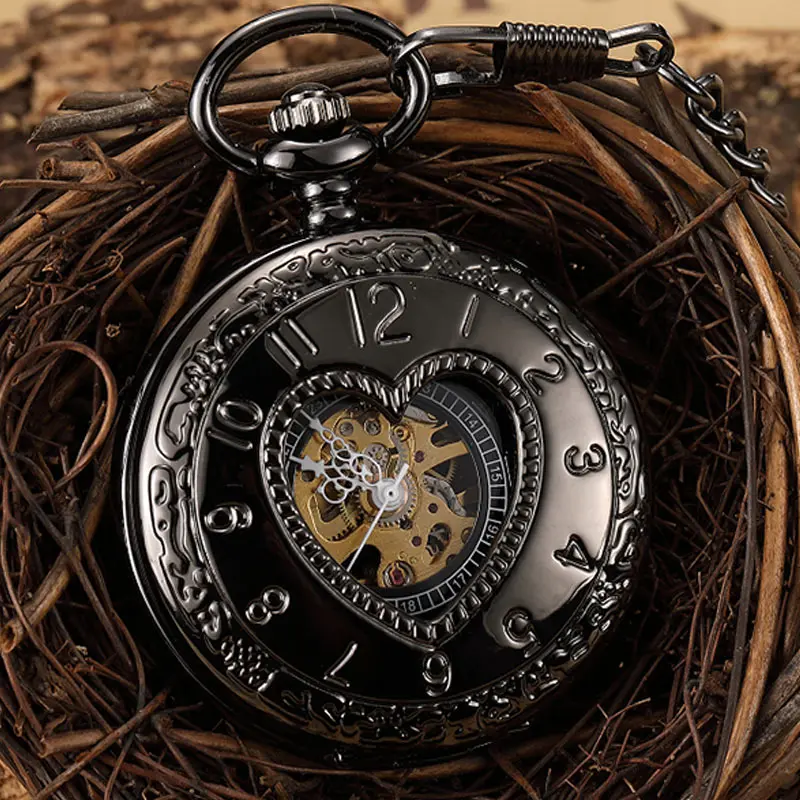 

Винтажные Механические карманные часы в форме сердца в стиле стимпанк, мужские черные наручные часы-скелетоны с римскими цифрами, подарочн...