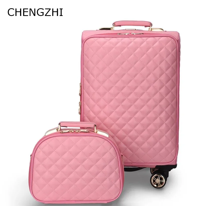 CHENGZHI 2" 24" дюймов женский розовый черный Дорожный чемодан spinner pu кожаный багажный набор Дорожная сумка на колесах