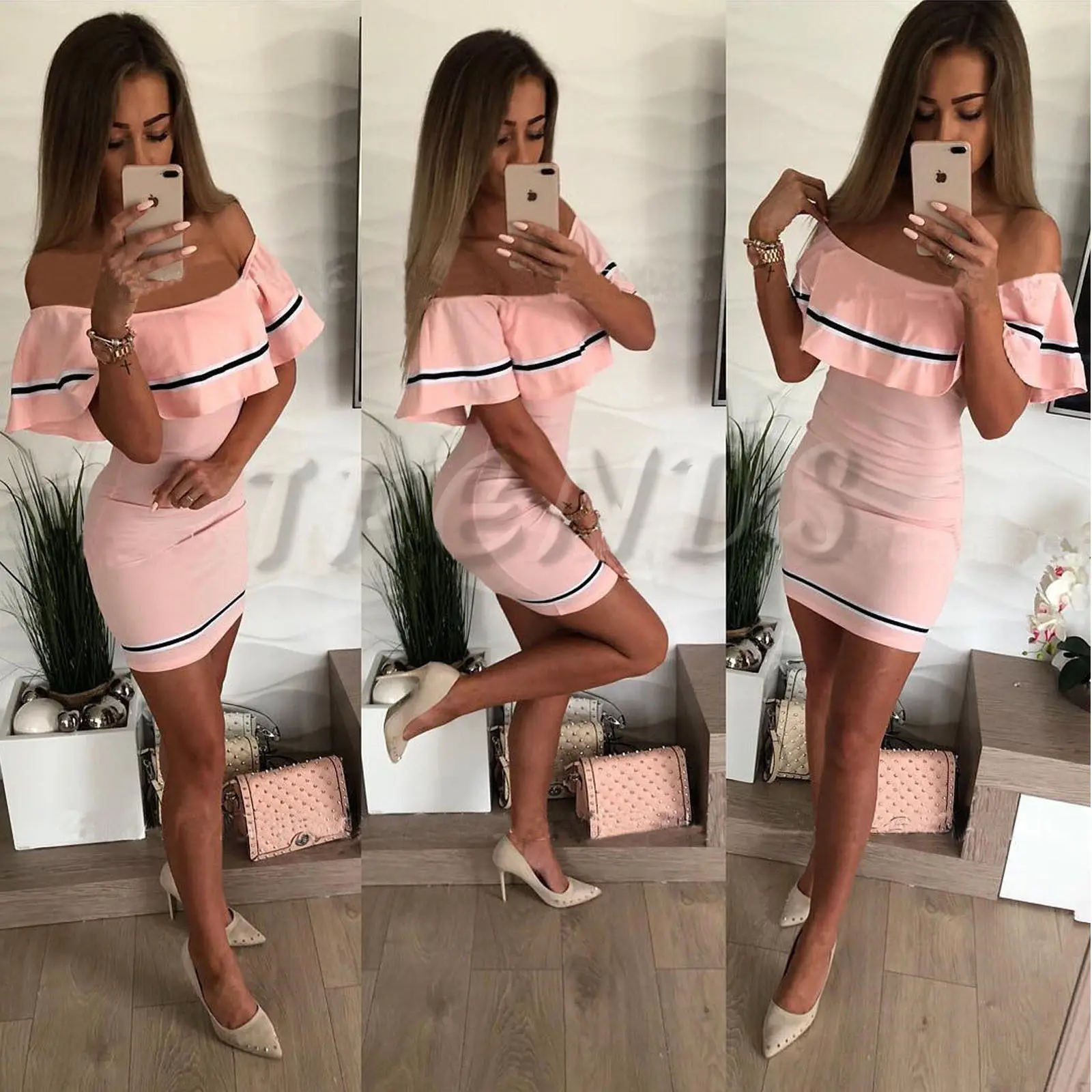 Сексуальное мини платье с открытыми плечами облегающее летнее в полоску