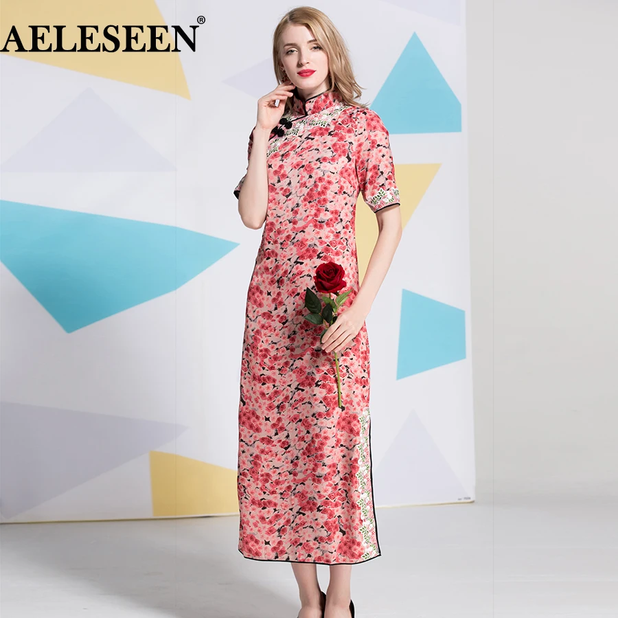 Женское винтажное платье Чонсам AELESEEN длинное с коротким рукавом и вышивкой в