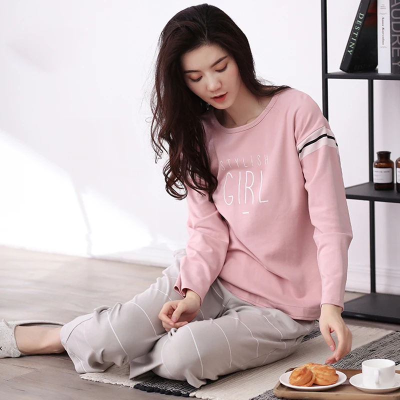 Осень и зима пижамы Для женщин с длинными рукавами Свободная Повседневная
