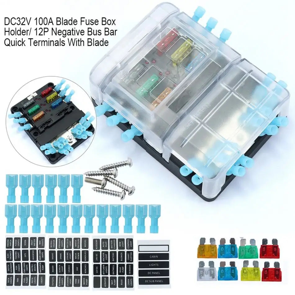 DC32V 100A лезвие предохранителей Holder-12P отрицательный сборных шин быстрая терминалов с плавкий предохранитель светодиодный Предупреждение светильник для автомобиля морской катер