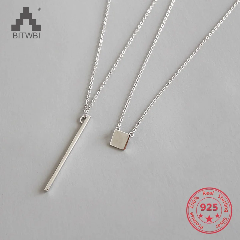 Серебро S925 пробы Геометрическая Вертикальная квадратная труба квадратное длинное серебряное ожерелье в комплекте цепочка