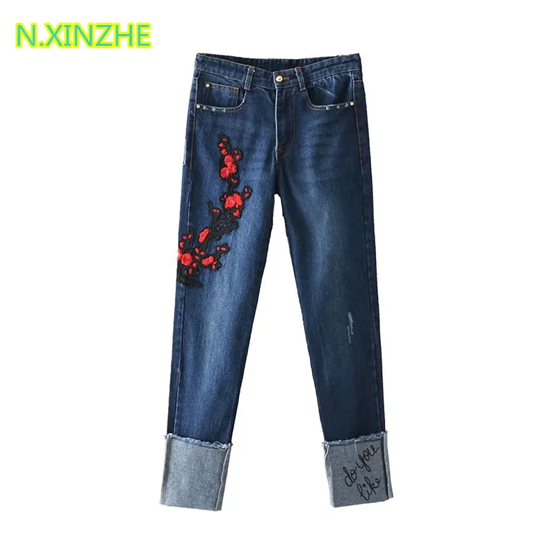 2018 женская одежда со средней талией с вышивкой и аппликацией потертые джинсовые