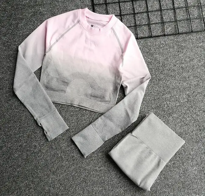 Pink set Женский бесшовный комплект для йоги, для спортзала, высокая талия, лосины, футболки, топ, костюм с длинным рукавом, фитнес, тренировки, спорт, набор спортивной одежды для бега - Цвет: Pink set