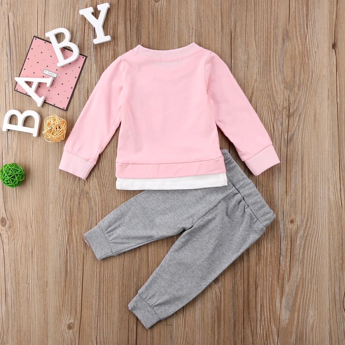 2pcs Toddler Kid Girls 2018 Long Sleeves T-shirt Pink Blue Tops + Gray Knee Pants Outfits Casual Spring Autumn Set Clothes | Детская