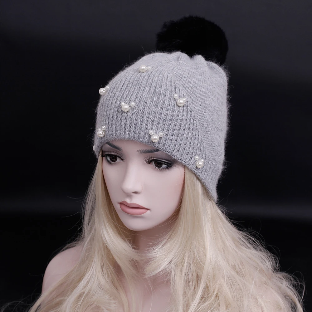 Зимняя шерстяная вязаная шапка высокого качества с помпонами из кроличьего меха