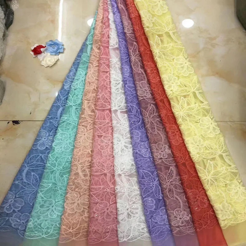 (5 ярдов/шт.) однотонная африканская Тюлевая кружевная ткань с вышивкой мятно