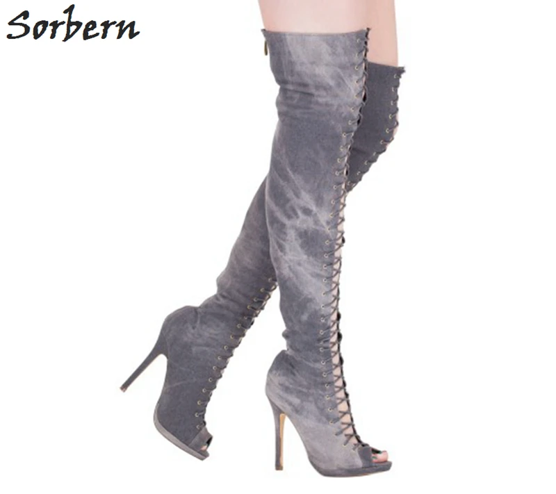 

Sorbern Fashion Jeans Open Toe Ladies Shoes Size 43 Over The Knee Boots Thigh High Summer Boots Ladies Lace Up Boots 2018 New