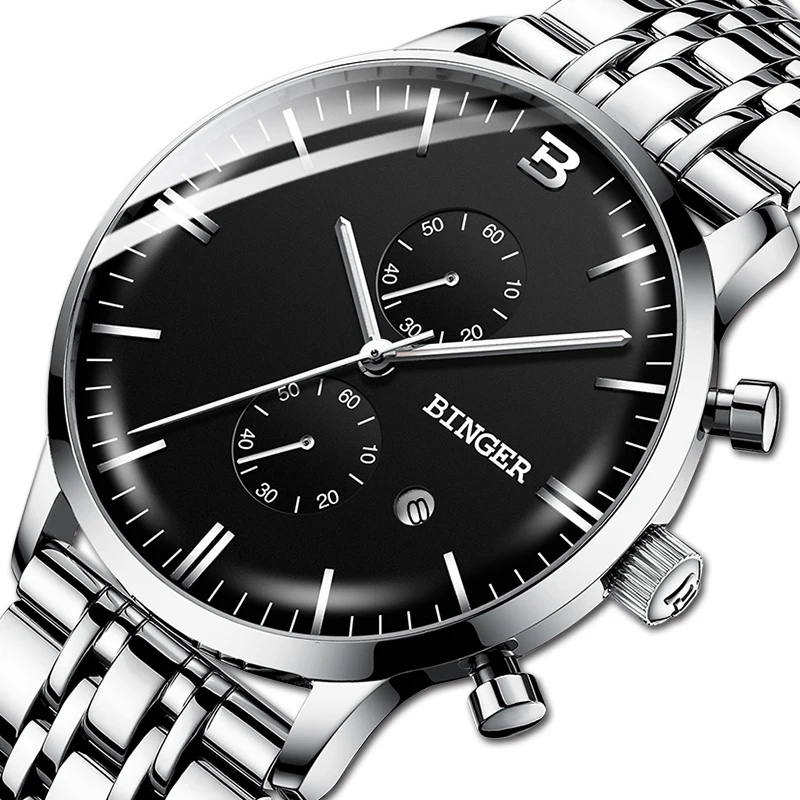 

Switzerland BINGER Luxury Brand Automatic date Quartz Watches Mens Waterproof Chronograph Clock Relogio Masculino Luminous Watch