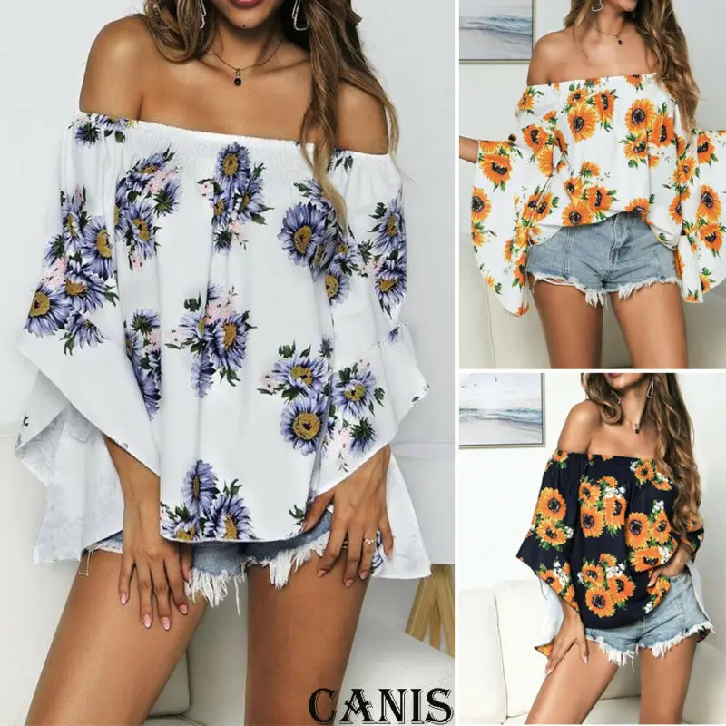 Женский цветочный Boho Цветочный длинный рукав-колокол свободные топы женские