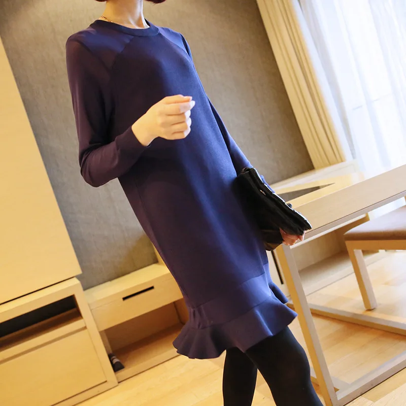 

Fashion large size women's 2018 autumn new dress in the long ruffled loose bottoming sweater