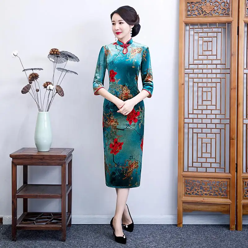 Китайский национальный Мандарин Воротник Cheongsam винтаж бархат дамы вечернее платье Элегантная одежда для сцены Qipao 3XL 4XL - Цвет: Многоцветный