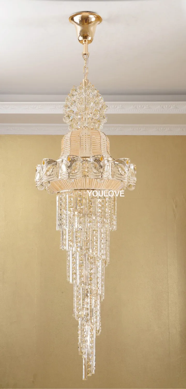 Goedkoop Lange Gouden Kroonluchters Lights Armatuur Golden Crystal Droplights Huis Binnenverlichting Hotel Club Opknoping Lichten AC90V-260V