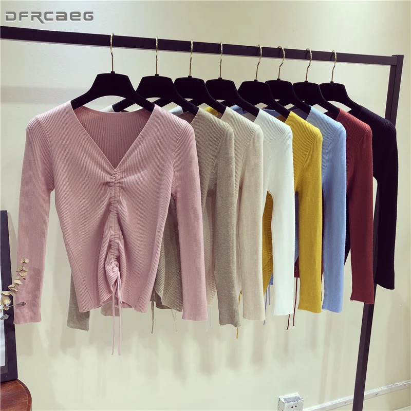 2019 Autumn Long Sleeve Bottoming Knitted Sweater Women Solid Slim Drawstring Bustier Crop Top Sexy V-Neck Streetwear Pull Femme | Женская