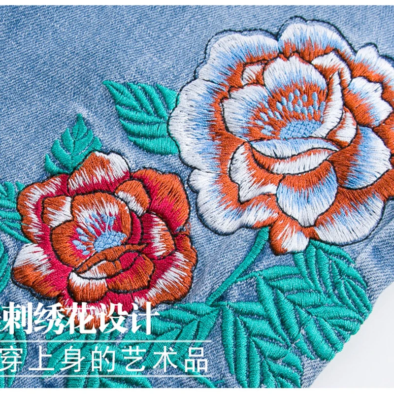 

Brand Elastic Skinny Pants Female 2019 Summer Sweet Embroidery Flower High Waist Jeans Women Streetwear Straight Pants Plus Size