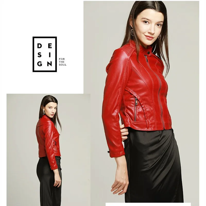 Korean Style Fashion Fit Crop Jacket Women Bomber Motorcycle Streetwear PU Red Spring | Женская одежда