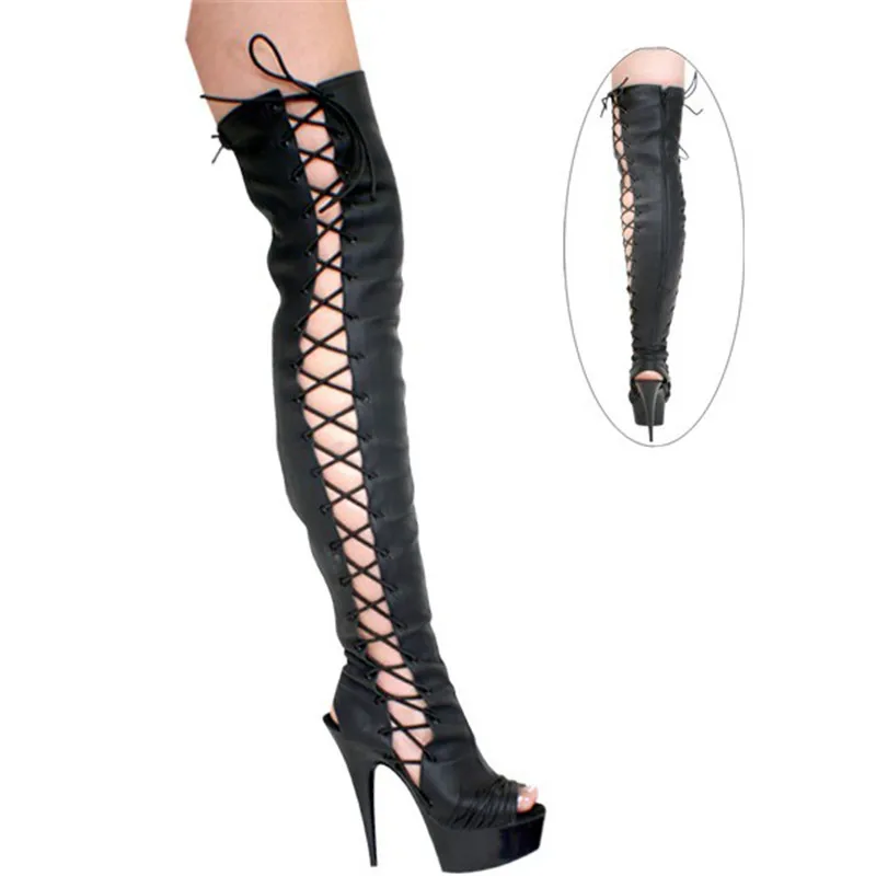 PU female boots in knee boots, upper and slender sexy high heels black tie, dancing shoes 15cm