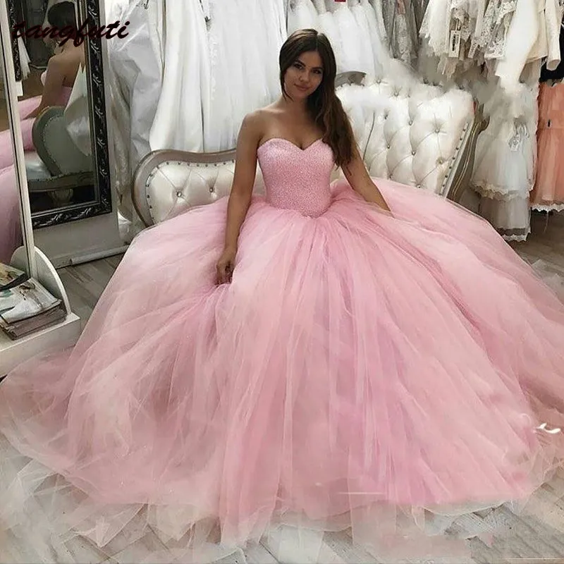 Розовые платья Quinceanera бальное платье с жемчужинами пышный корсет Тюль Арабский