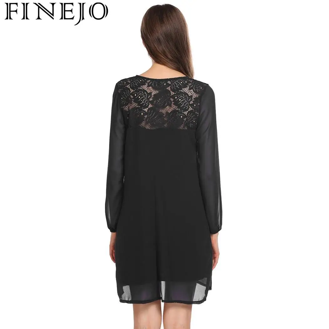 FINEJO Shift Dress Women Autumn Lantern V-Neck Women's Sleeve Lace Chiffon Patchwork Casual Loose Feminina Vestidos | Женская одежда