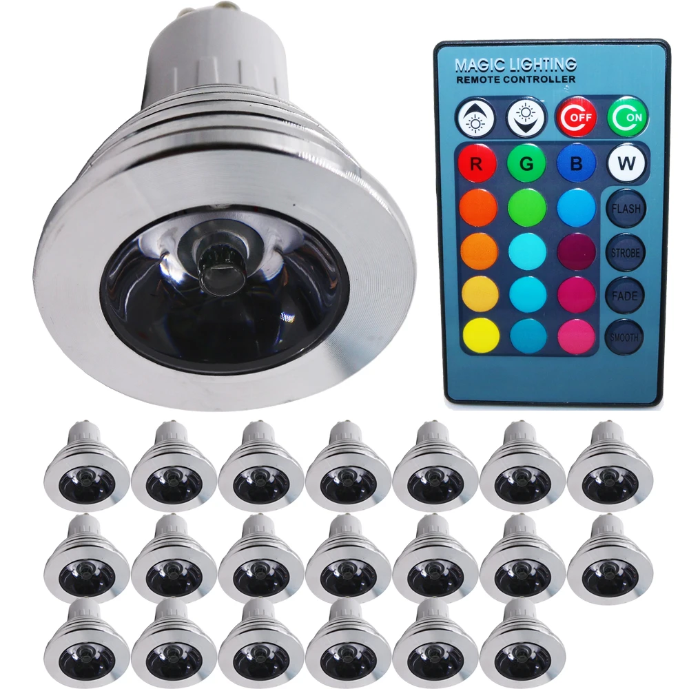 20 pcs/lot 3W GU10 RGB LED Bulb 16Color Spotlight with IR Remote Controller Lamp for Home Party Decoration | Лампы и освещение