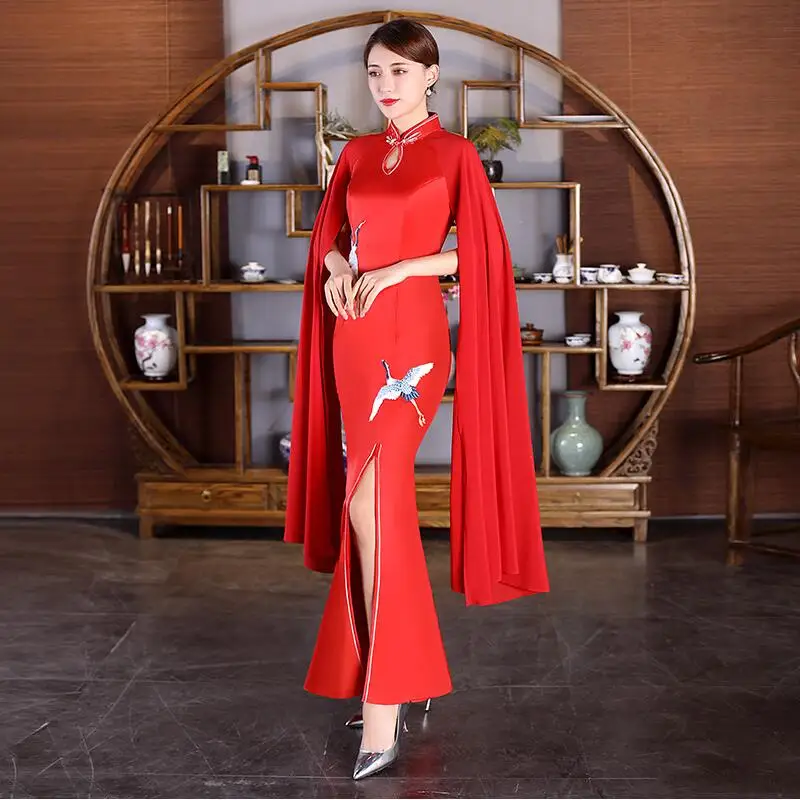 Китайский стиль женские сексуальные вечерние платья с длинным рукавом Qipao
