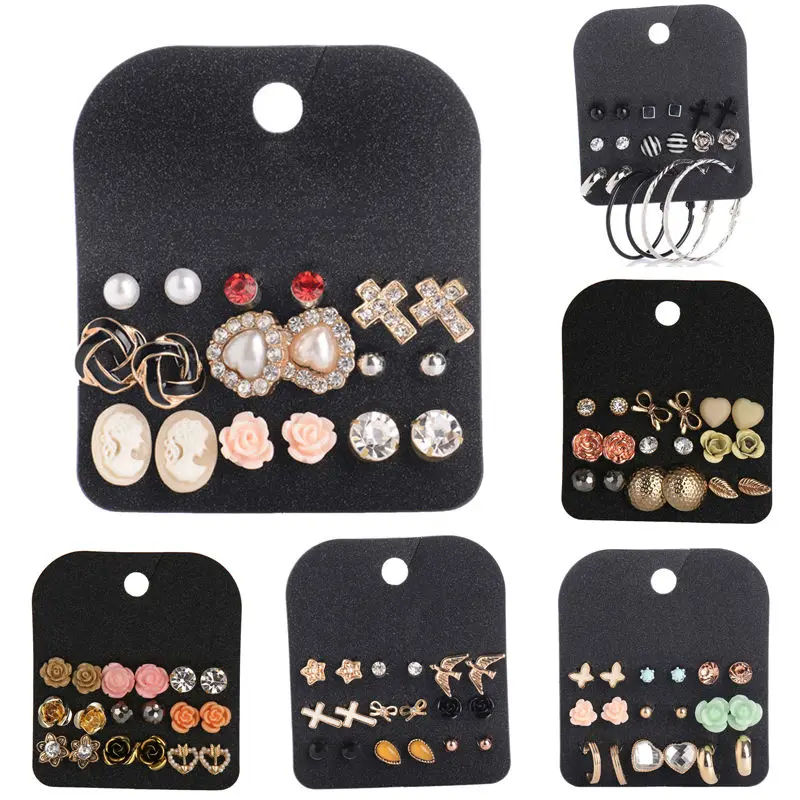 Набор сережек-гвоздиков набор из 9 пар сережек с двумя жемчужинами и кристаллами
