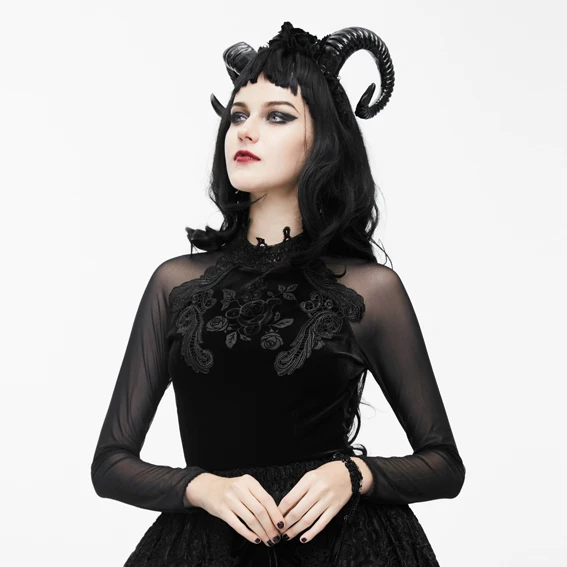 Чёрная футболка с цветочной вышивкой Devil Готическая женская воротником стойкой