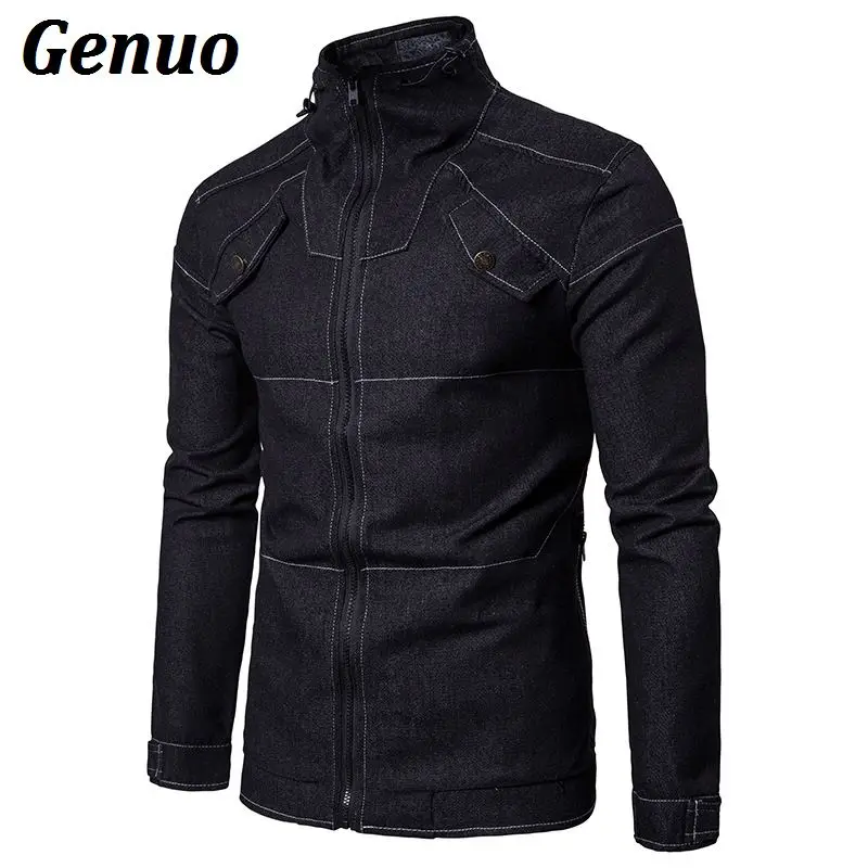 Genuo Мужская джинсовая куртка высокого качества модные джинсовые куртки Slim Fit Повседневная Уличная винтажная Мужская джинсовая одежда больших размеров - Цвет: Черный