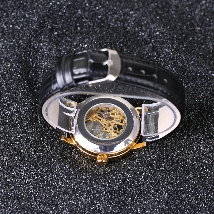 

2019 New SEWOR 3D Logo Design Hollow Engraving Black Gold Case Leather Skeleton Mechanical Watches Men Luxury Brand Heren Horlog
