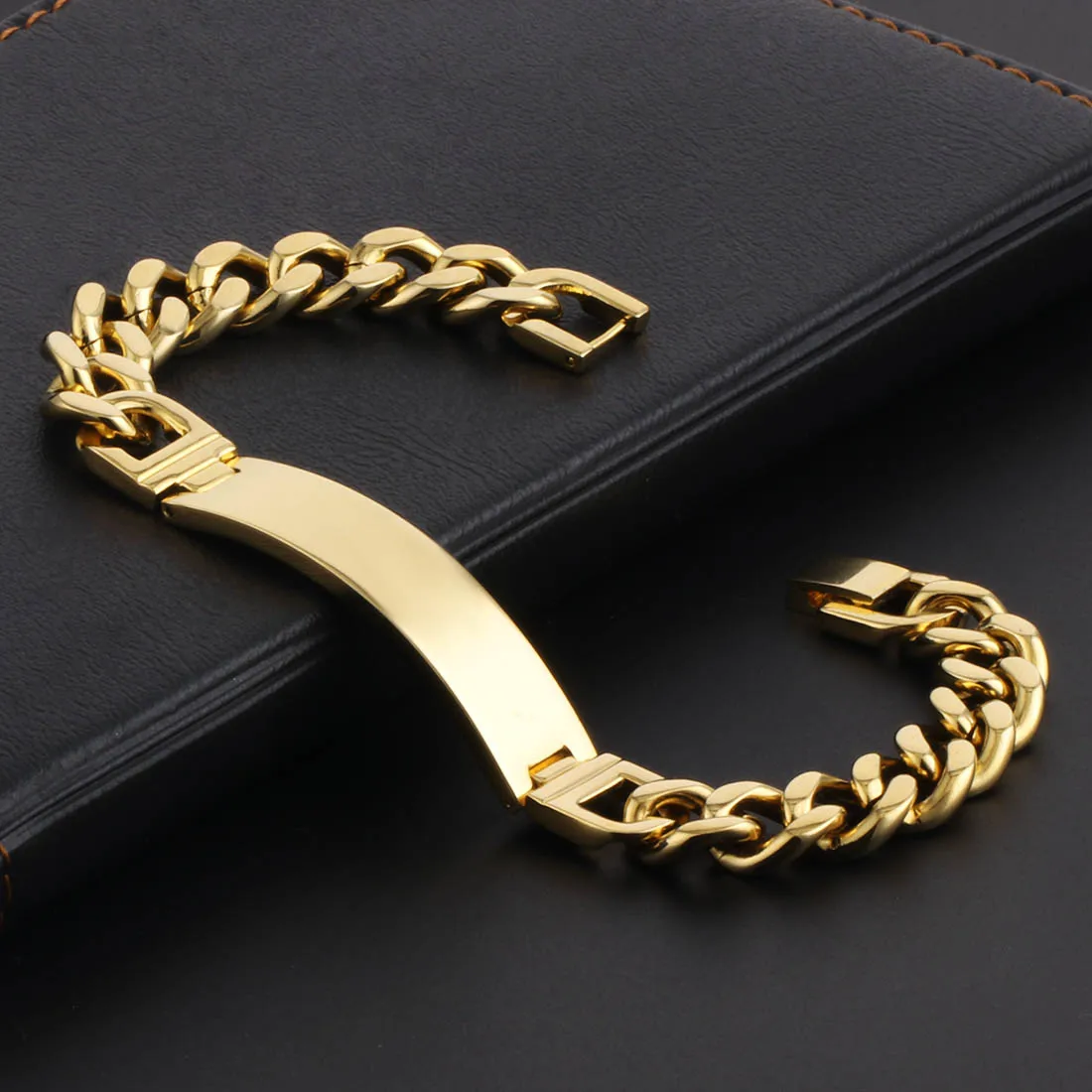 Gold Color Простые Ювелирные изделия для мужчин, браслет из нержавеющей стали, классический дизайн, золотой цвет, Куба, браслеты на цепочке, подарок для мальчиков, 225 мм(8,9 дюйма) SL013 - Окраска металла: Gold Color