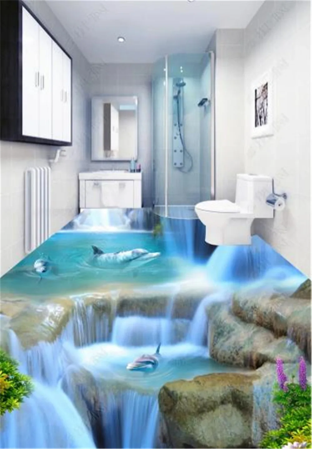 

Custom Any Size 3D Mural Wallpaper Flowing Water, Cute, Dolphin Indoor Floor Decorating Mural Wallpaper