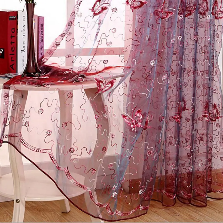 Wine Red Современные фиолетовые занавески s ткань деревенский бабочка вышитый тюль-шторы для окон гостиной занавески красные занавески WP344-30 - Цвет: Wine Red