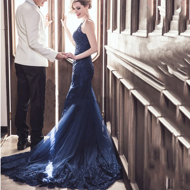 

Blue Muslim Evening Dresses Mermaid Spaghetti Straps Appliques Beaded Islamic Dubai Kaftan Saudi Arabic Long Evening Gown
