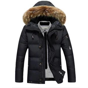 Winter Mens Thick Duck Down Coat 90% White Duck Down With Fur Hood Parka Male Solid Color Zipper Duck Down Jackets Outwear Coat