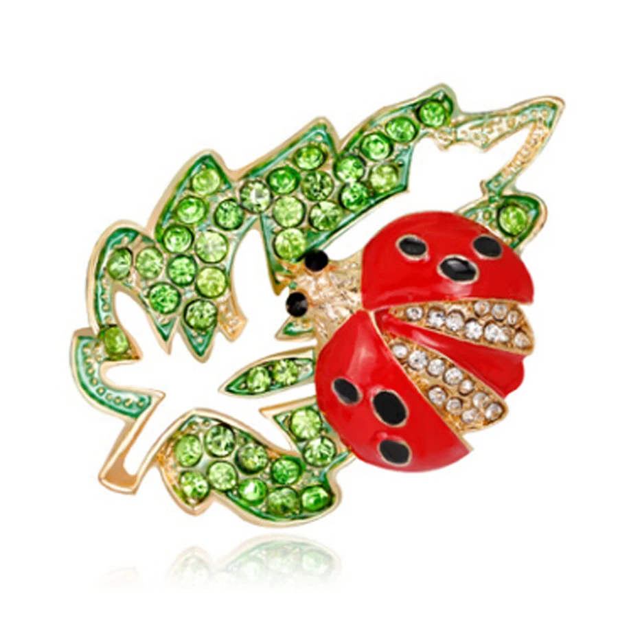 Кристалл Божья коровка Броши для Для женщин Красный Beatles зеленый лист брошь