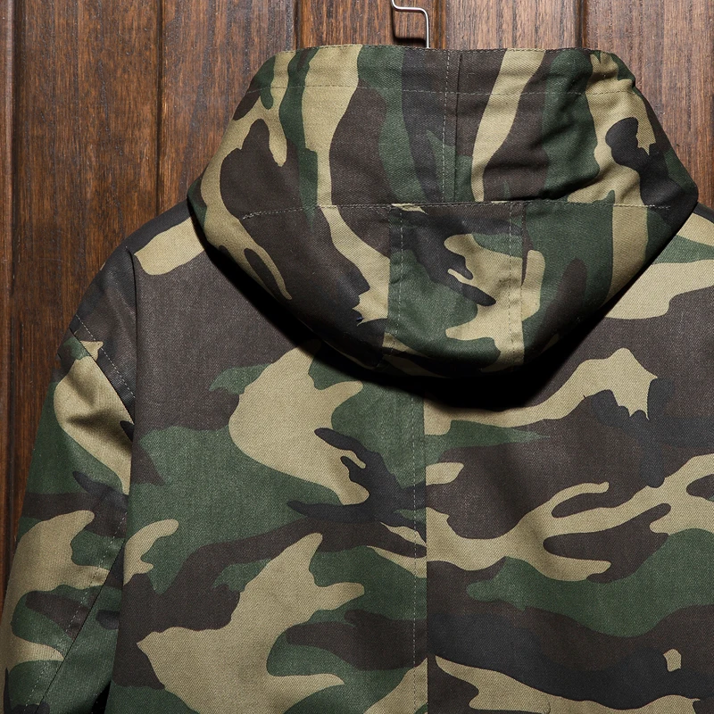 2016 Для мужчин зимние толстые теплые Армейский зеленый камуфляж с капюшоном